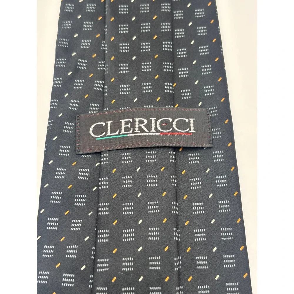 Clericci Mens Silk Necktie Navy Blue Orange Geometric Pattern Italian Style
